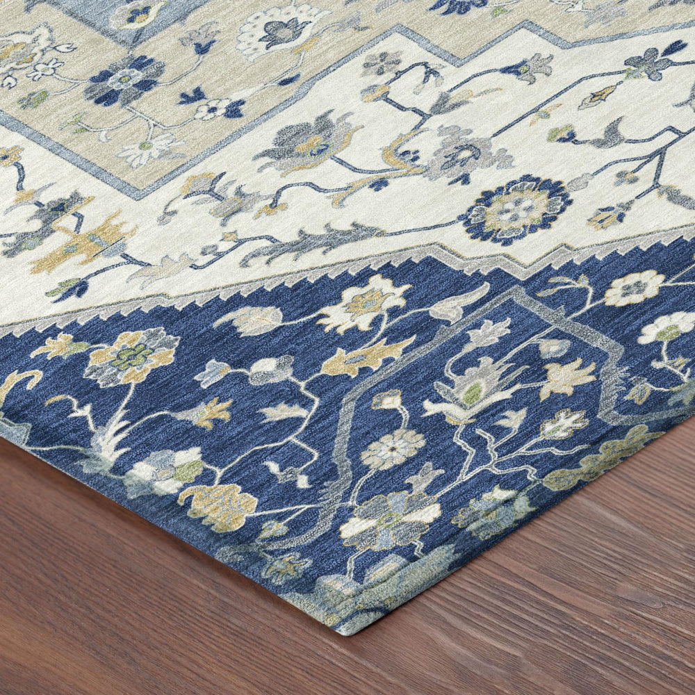 8 Foot Round Floral Medallion Rug Navy Ivory Washable Indoor Outdoor Polyester