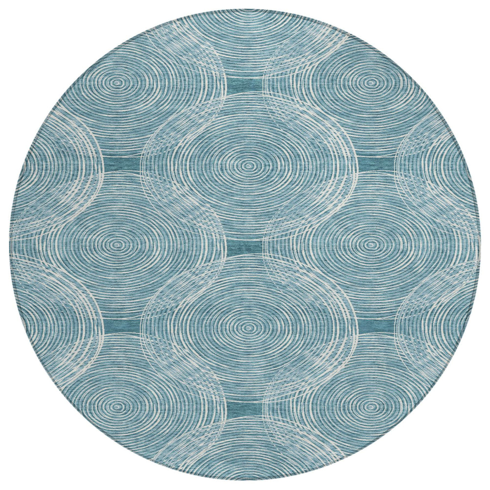 HomeRoots 8 Ft Round Geometric Polyester Area Rug Washable Teal Ivory Indoor Outdoor Patio 729499