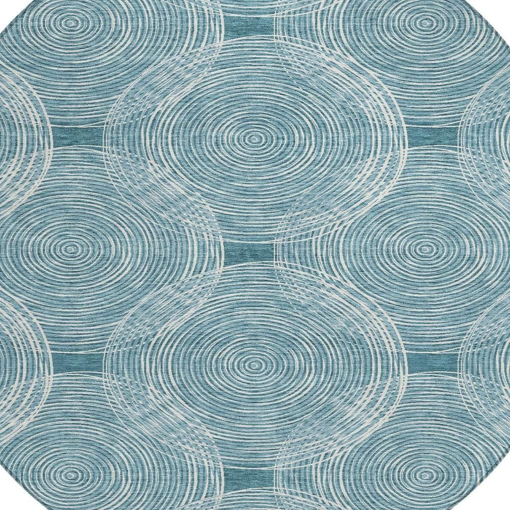HomeRoots 8 Ft Round Geometric Polyester Area Rug Washable Teal Ivory Indoor Outdoor Patio 729499