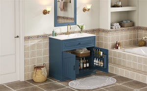 English Elm 36" Luxurious Bathroom Vanity with Ceramic Sink and Soft-Close Doors, Solid Wood Frame, Adjustable Shelves Blue N710P288944C
