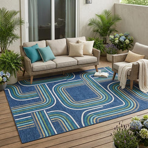 Geometric Polyester Area Rug Washable Indoor Outdoor Coastal Modern Navy Aqua Accent