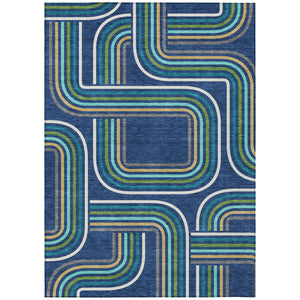 HomeRoots Geometric Polyester Area Rug Washable Indoor Outdoor Coastal Modern Navy Aqua Accent 5' x 8' 729534