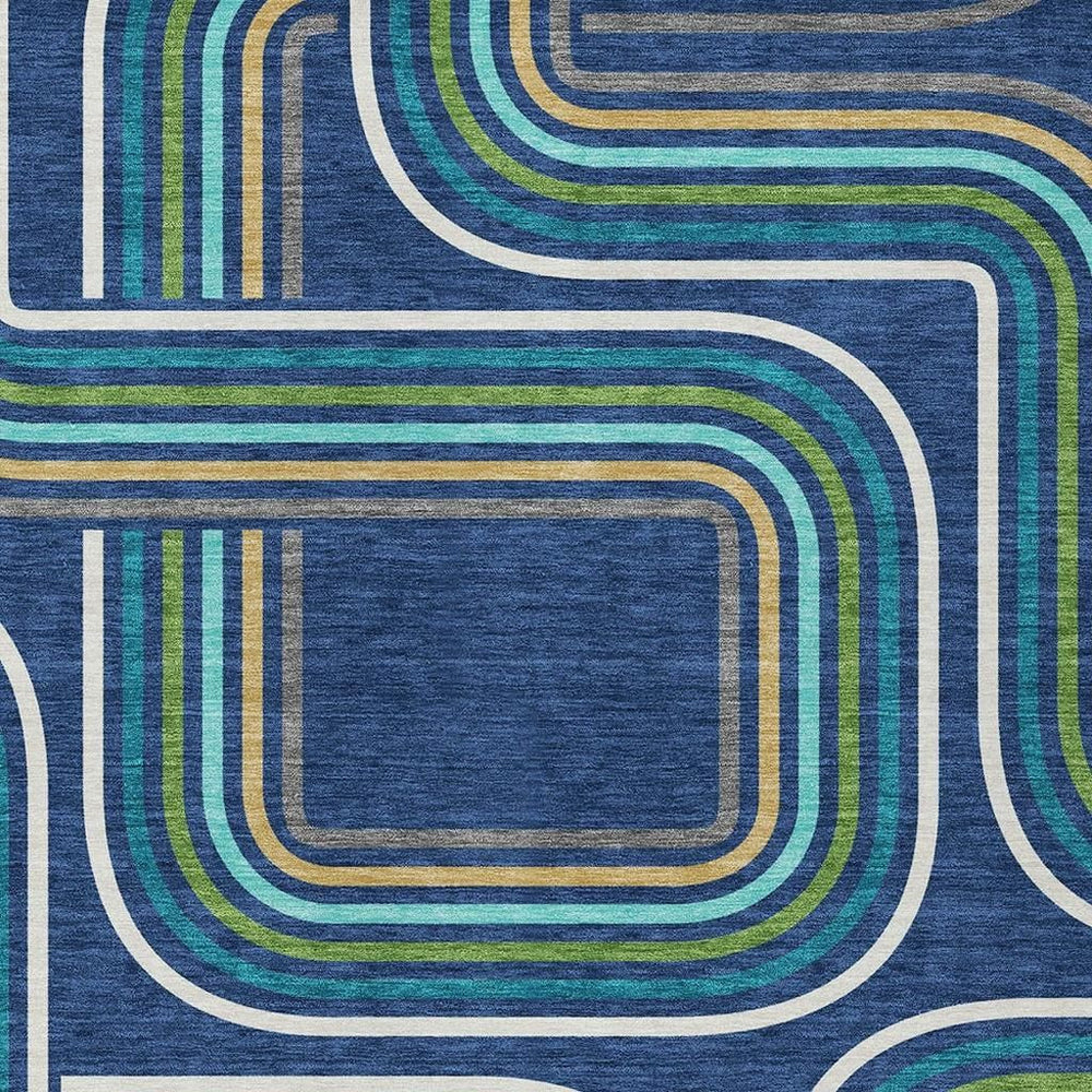HomeRoots Geometric Polyester Area Rug Washable Indoor Outdoor Coastal Modern Navy Aqua Accent 5' x 8' 729534