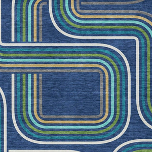 Geometric Polyester Area Rug Washable Indoor Outdoor Coastal Modern Navy Aqua Accent