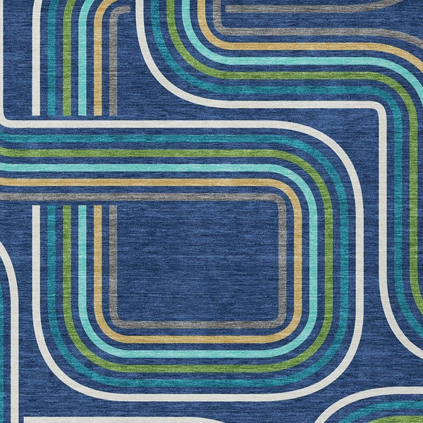 Geometric Polyester Area Rug Washable Indoor Outdoor Coastal Modern Navy Aqua Accent