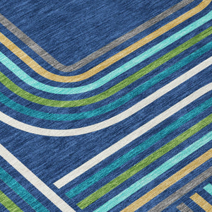 Geometric Polyester Area Rug Washable Indoor Outdoor Coastal Modern Navy Aqua Accent