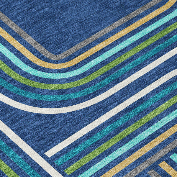 Geometric Polyester Area Rug Washable Indoor Outdoor Coastal Modern Navy Aqua Accent