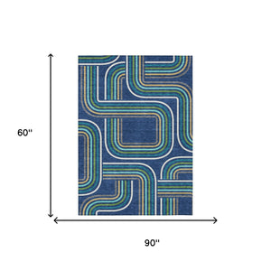 Geometric Polyester Area Rug Washable Indoor Outdoor Coastal Modern Navy Aqua Accent