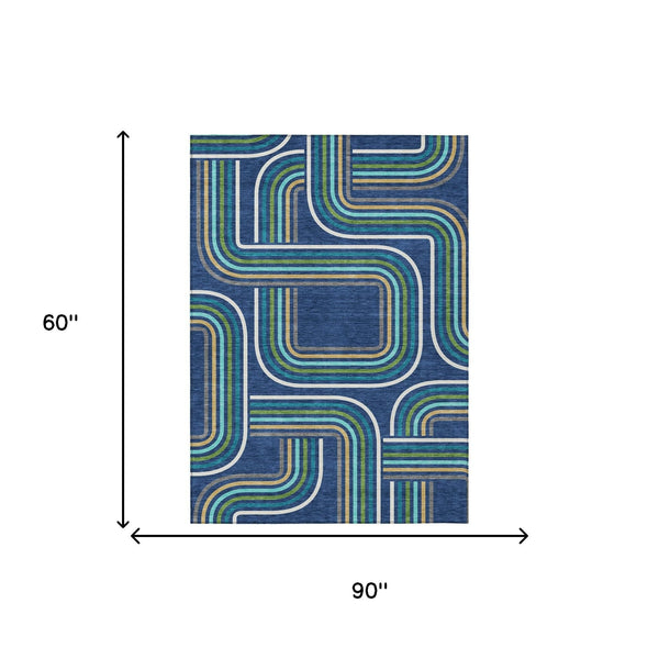 Geometric Polyester Area Rug Washable Indoor Outdoor Coastal Modern Navy Aqua Accent