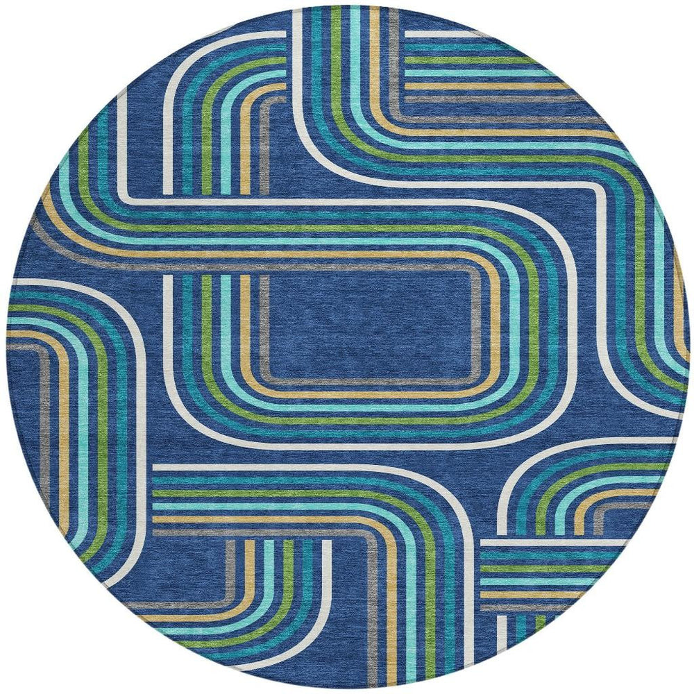 8 Foot Round Geometric Polyester Area Rug Washable Navy Aqua Indoor Outdoor