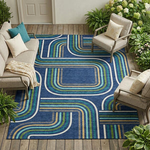Geometric Polyester Area Rug Washable Indoor Outdoor Coastal Modern Navy Aqua Accent