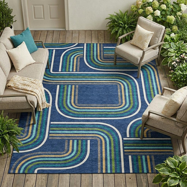 Geometric Polyester Area Rug Washable Indoor Outdoor Coastal Modern Navy Aqua Accent