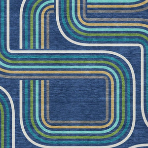 Geometric Polyester Area Rug Washable Indoor Outdoor Coastal Modern Navy Aqua Accent