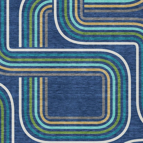 Geometric Polyester Area Rug Washable Indoor Outdoor Coastal Modern Navy Aqua Accent