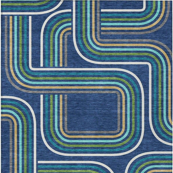 Geometric Polyester Area Rug Washable Indoor Outdoor Coastal Modern Navy Aqua Accent