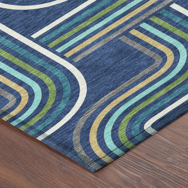 Geometric Polyester Area Rug Washable Indoor Outdoor Coastal Modern Navy Aqua Accent