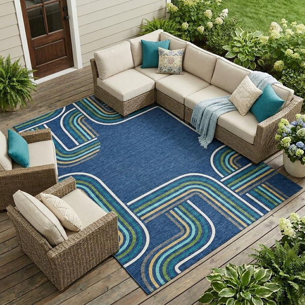 Geometric Polyester Area Rug Washable Indoor Outdoor Coastal Modern Navy Aqua Accent