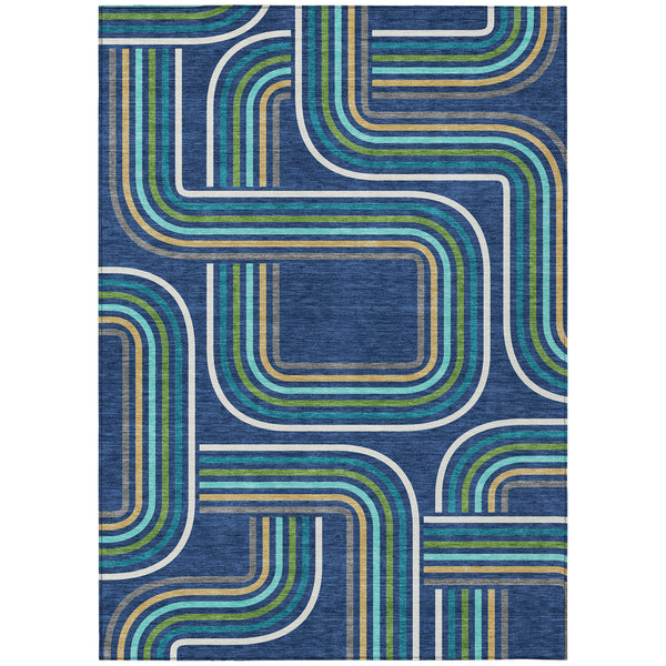 Geometric Polyester Area Rug Washable Indoor Outdoor Coastal Modern Navy Aqua Accent