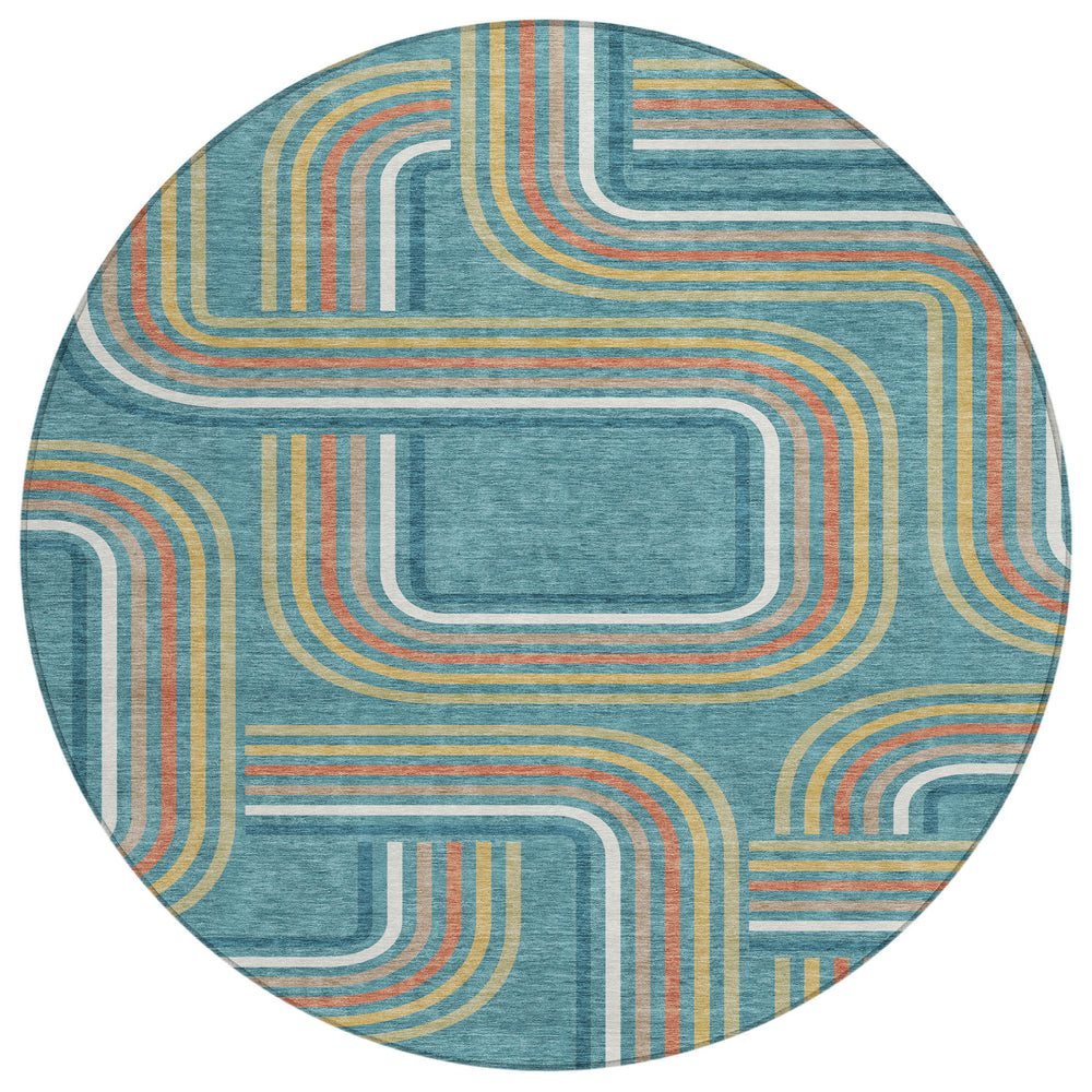 HomeRoots 8 Ft Round Geometric Polyester Rug Washable Indoor Outdoor Stain Resistant Modern 729547