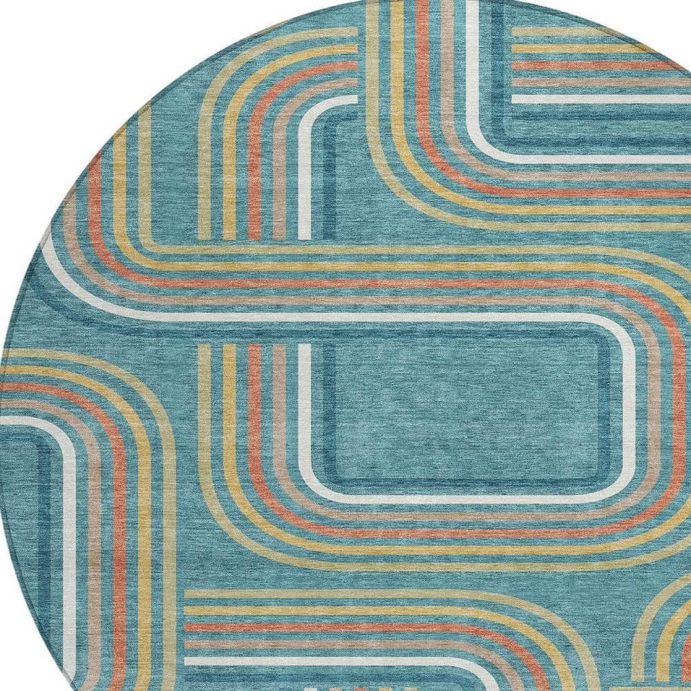 HomeRoots 8 Ft Round Geometric Polyester Rug Washable Indoor Outdoor Stain Resistant Modern 729547