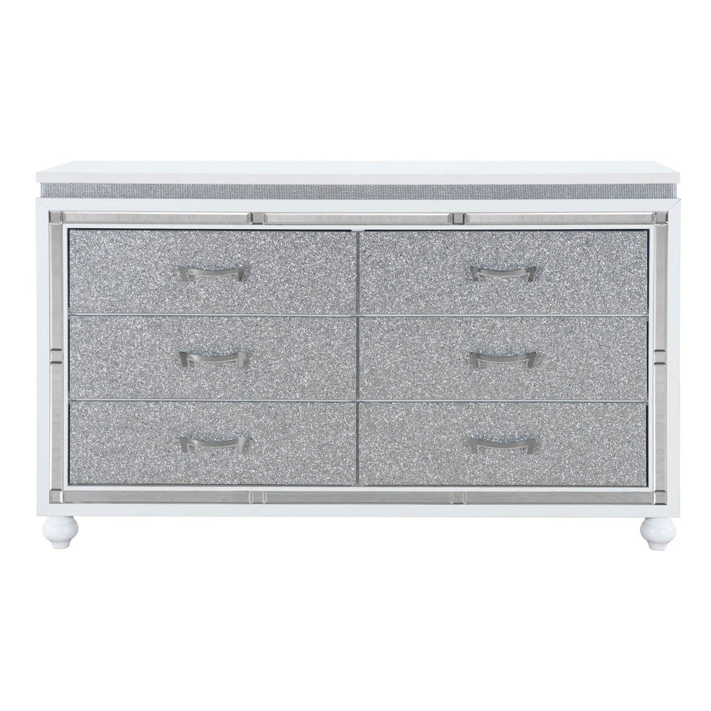 English Elm MALOISE White Dresser with 6 Crystal-Crush Drawer Fronts, Mirrored Accents & Solid Wood Glam Finish B201P226115