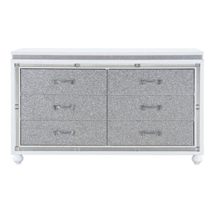 English Elm MALOISE White Dresser with 6 Crystal-Crush Drawer Fronts, Mirrored Accents & Solid Wood Glam Finish B201P226115