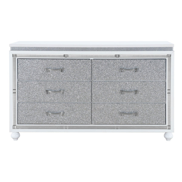 English Elm MALOISE White Dresser with 6 Crystal-Crush Drawer Fronts, Mirrored Accents & Solid Wood Glam Finish B201P226115