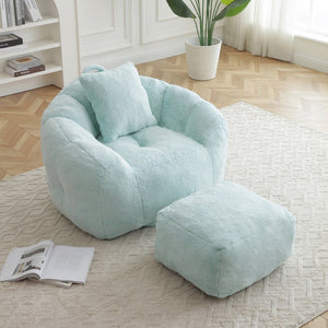 English Elm Giant Foam-Filled Bean Bag Chair with Footstool, Shell-Shaped Faux Fur Sofa for Gaming Reading уют Light Blue W2677P306795