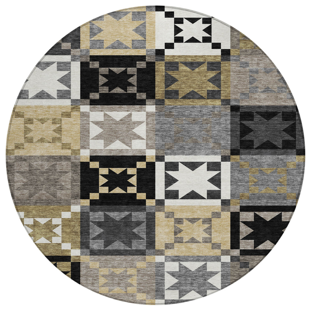 8 Ft Round Patchwork Polyester Area Rug Washable Indoor Outdoor Geometric Design