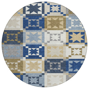 8 Ft Round Geometric Patchwork Polyester Area Rug for Indoor Outdoor Spaces