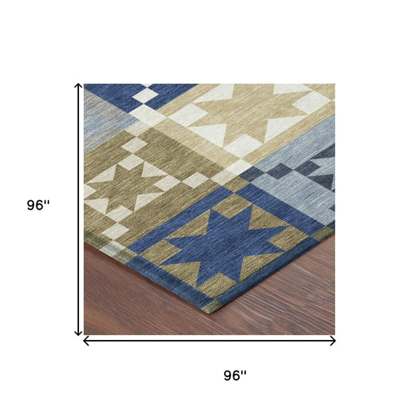 8 Ft Round Geometric Patchwork Polyester Area Rug for Indoor Outdoor Spaces