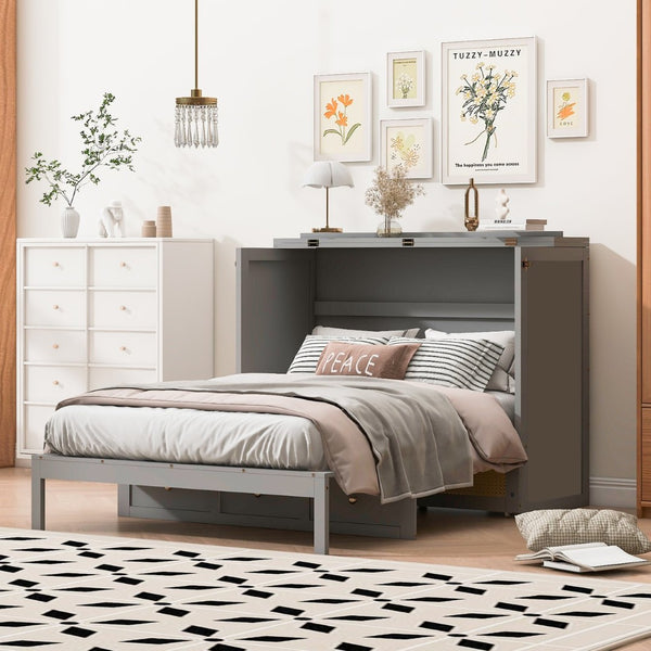 English Elm Full Size Murphy Wall Bed Cabinet with Rattan Panel Detailing and Storage Drawers Gray N708P336203E