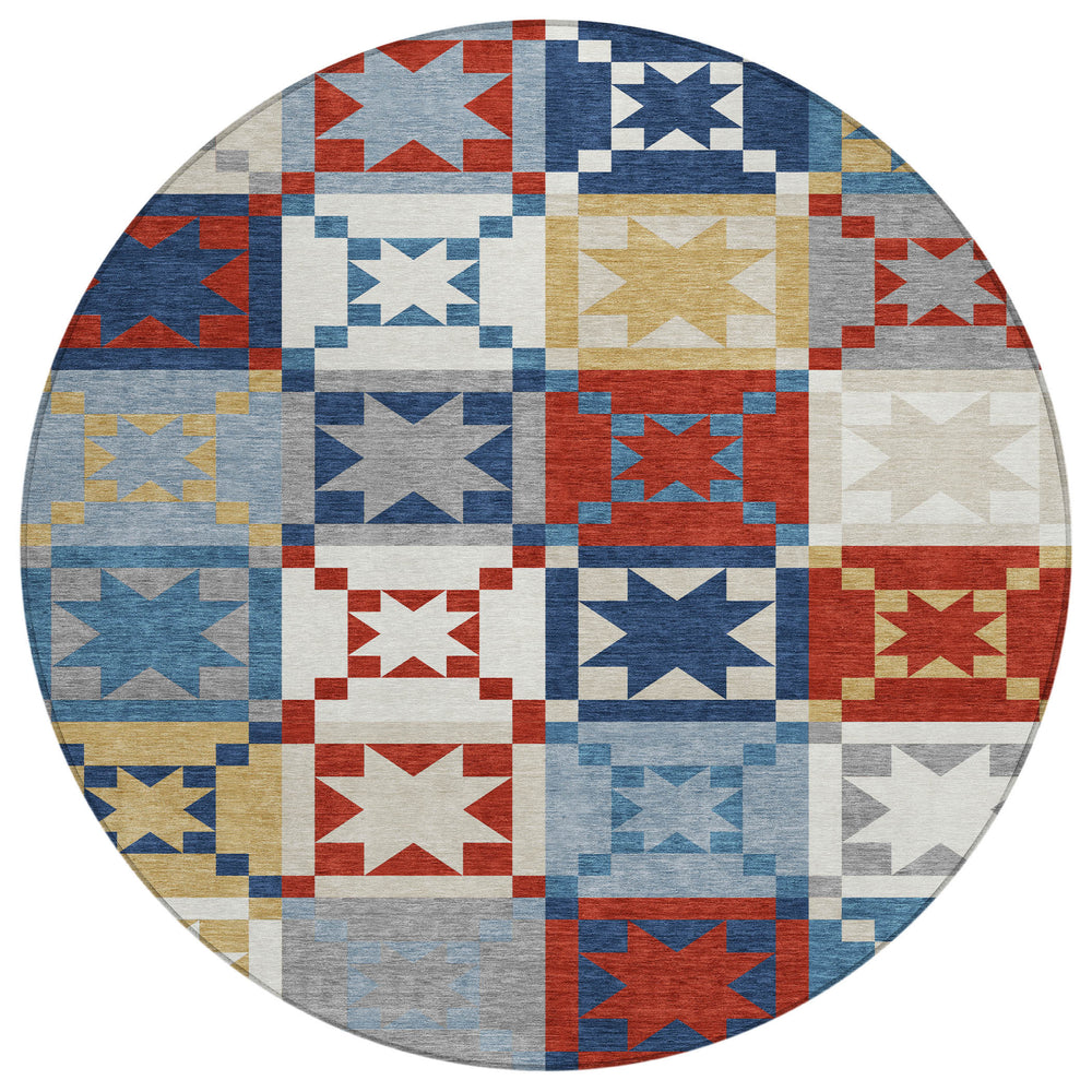 8 Foot Round Patchwork Polyester Area Rug Washable Indoor Outdoor Patio Use