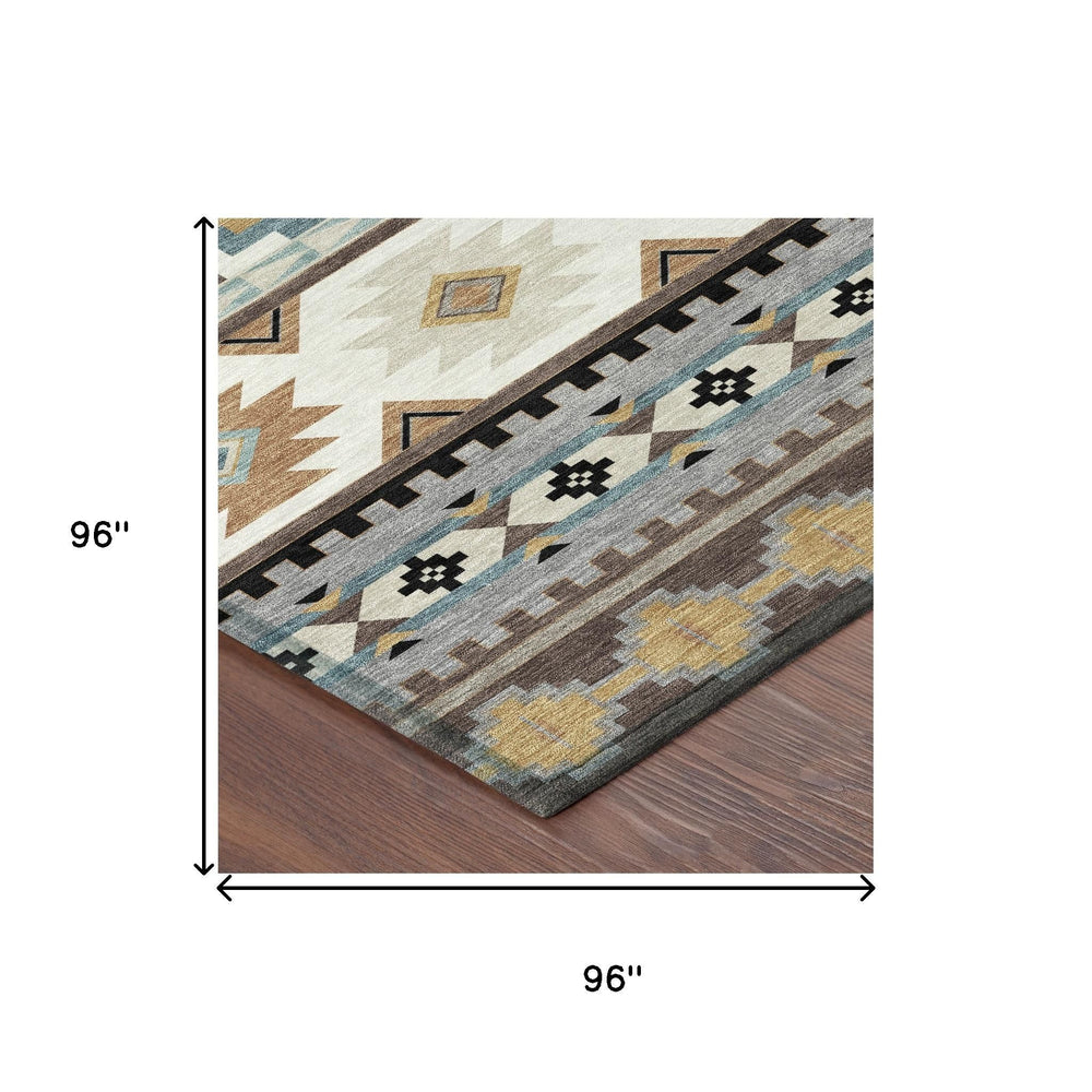 8 Ft Round Southwestern Geometric Washable Polyester Rug for Patios and Entryways