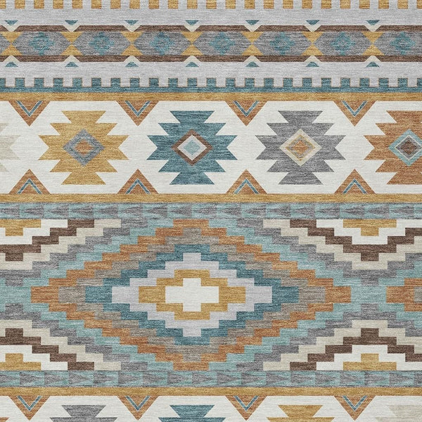 Southwestern Geometric Washable Polyester Area Rug in Gold Teal for Indoor Outdoor Spaces
