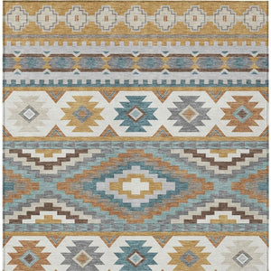 Southwestern Geometric Washable Polyester Area Rug in Gold Teal for Indoor Outdoor Spaces