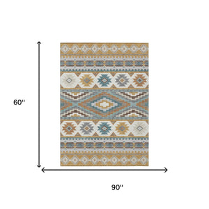 Southwestern Geometric Washable Polyester Area Rug in Gold Teal for Indoor Outdoor Spaces