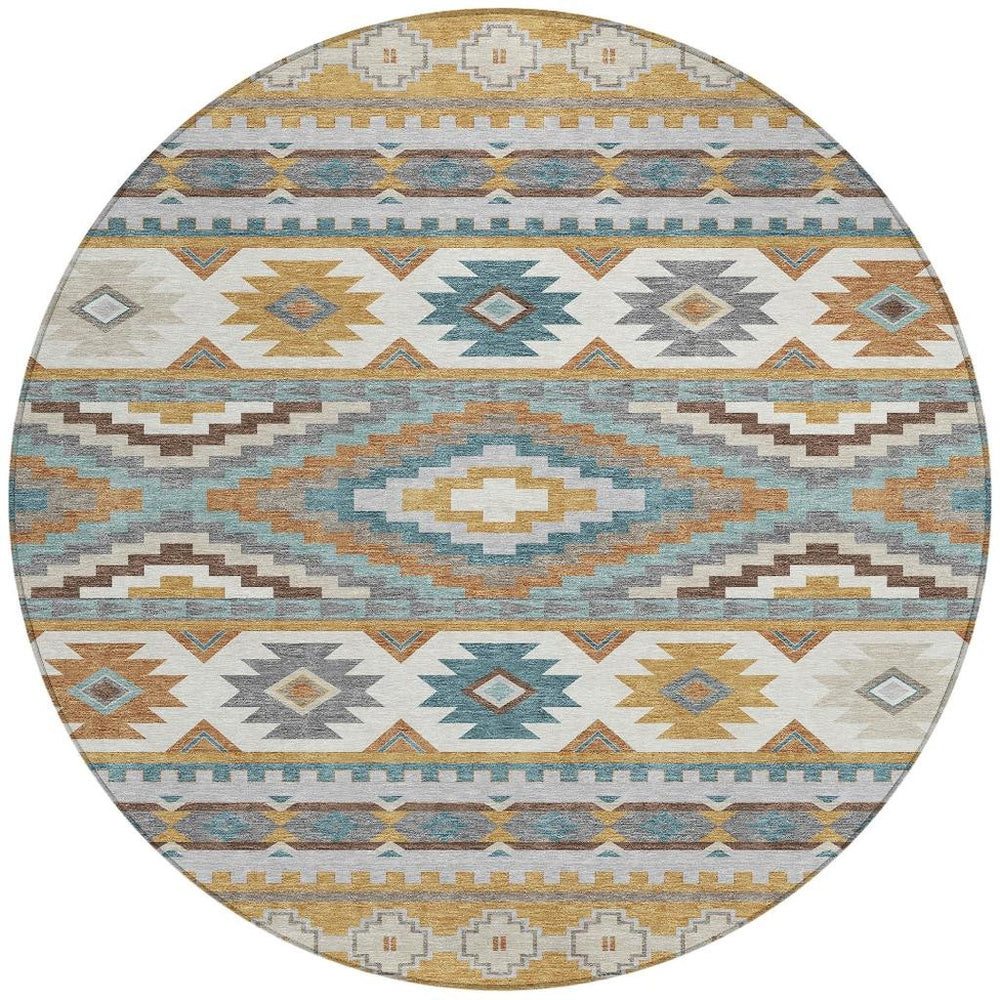 8 Ft Round Southwestern Geometric Rug Washable Polyester Indoor Outdoor Patio