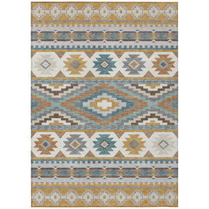 Southwestern Geometric Washable Polyester Area Rug in Gold Teal for Indoor Outdoor Spaces