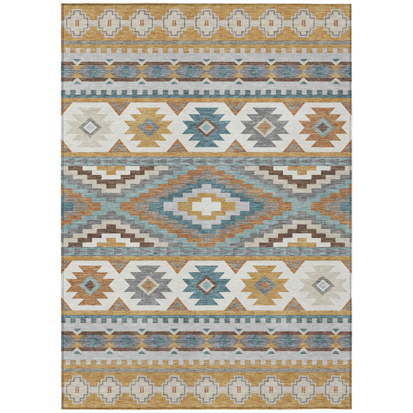 Southwestern Geometric Washable Polyester Area Rug in Gold Teal for Indoor Outdoor Spaces