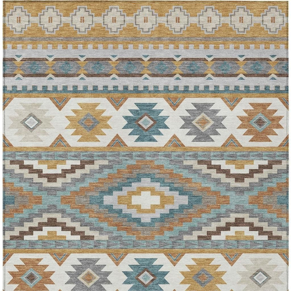 HomeRoots Southwestern Geometric Washable Polyester Area Rug in Gold Teal for Indoor Outdoor Spaces 8' x 10' 729722