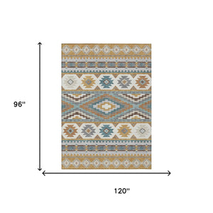 Southwestern Geometric Washable Polyester Area Rug in Gold Teal for Indoor Outdoor Spaces