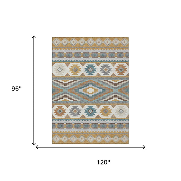 Southwestern Geometric Washable Polyester Area Rug in Gold Teal for Indoor Outdoor Spaces