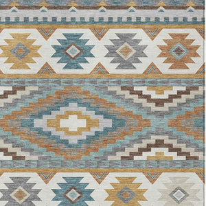 Southwestern Geometric Washable Polyester Area Rug in Gold Teal for Indoor Outdoor Spaces