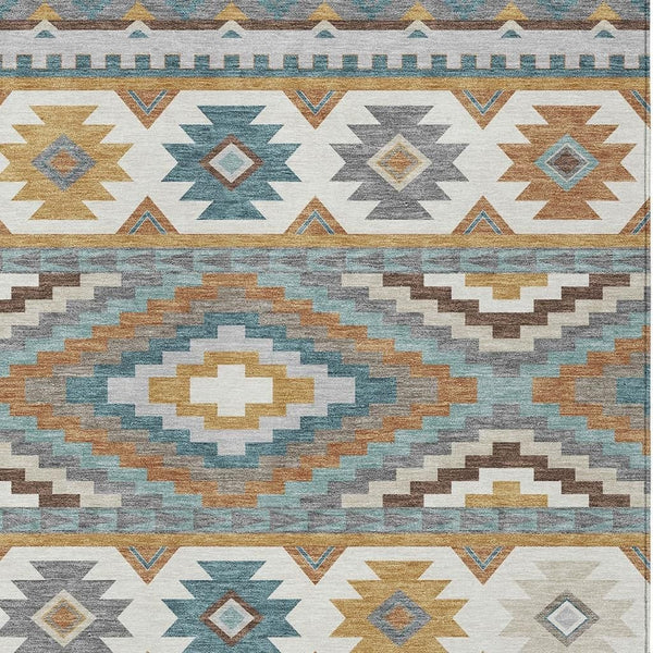 Southwestern Geometric Washable Polyester Area Rug in Gold Teal for Indoor Outdoor Spaces