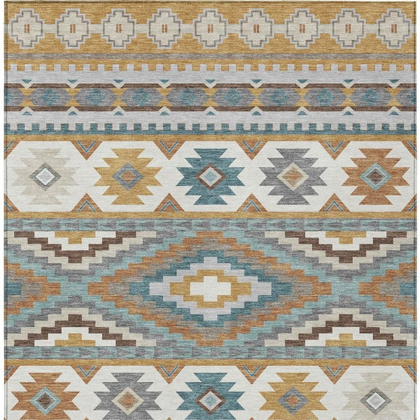 Southwestern Geometric Washable Polyester Area Rug in Gold Teal for Indoor Outdoor Spaces