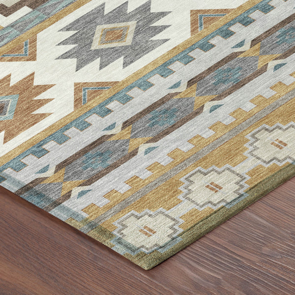 Southwestern Geometric Washable Polyester Area Rug in Gold Teal for Indoor Outdoor Spaces