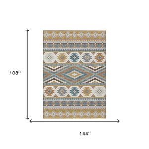 Southwestern Geometric Washable Polyester Area Rug in Gold Teal for Indoor Outdoor Spaces