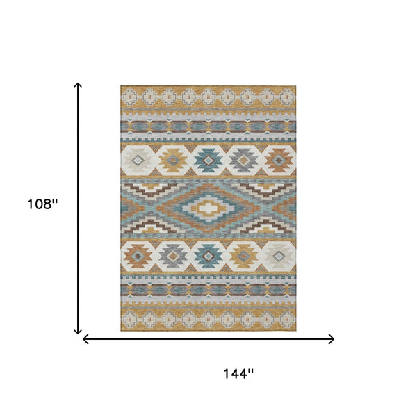 Southwestern Geometric Washable Polyester Area Rug in Gold Teal for Indoor Outdoor Spaces