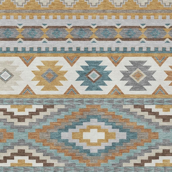 Southwestern Geometric Washable Polyester Area Rug in Gold Teal for Indoor Outdoor Spaces